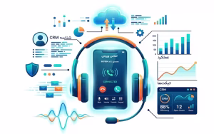 اینفوگرافیک مرکز تماس هوشمند و ابری متصل به پنل مدیریت ارتباط با مشتری (CRM) و نمودارهای ارزیابی عملکرد